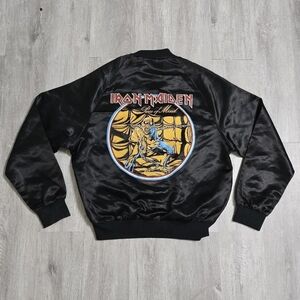 Vintage 1983 Iron Maiden Piece Of Mind Satin Bomber Jacket Black Metal Rock